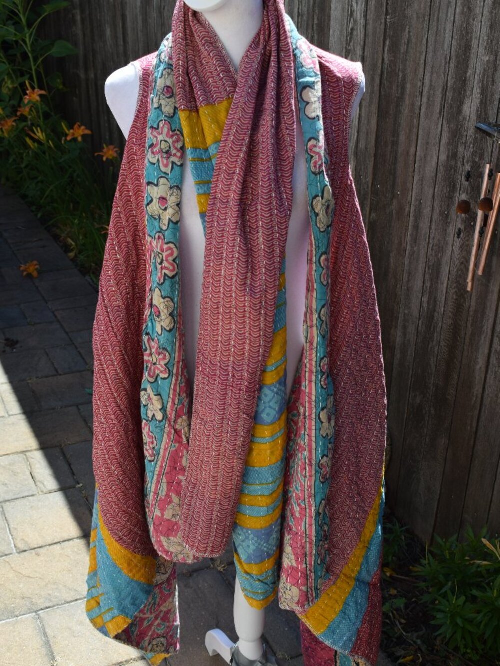 Women Handmade One Of A Kind Colorful Kantha Vest & Reversible Scarf One Size
